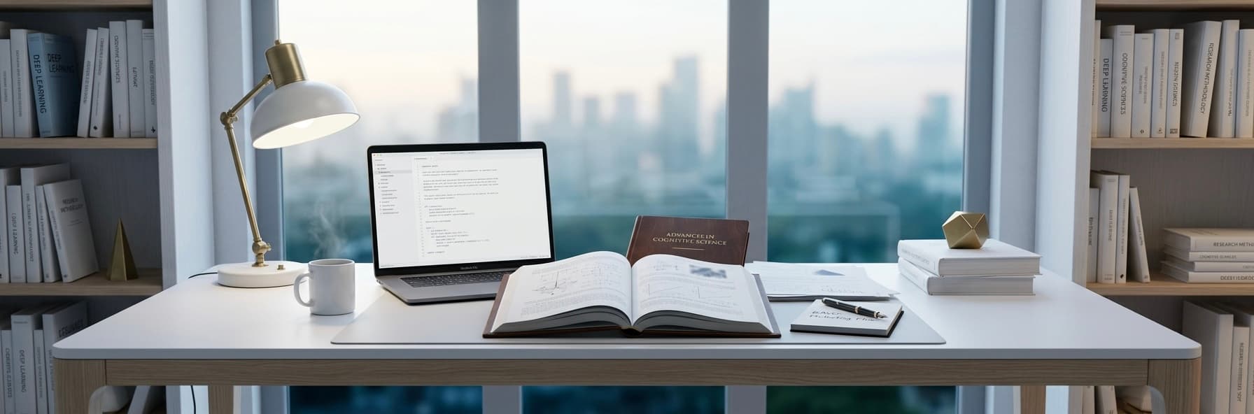 A researcher's desk at dusk — Ravo open on the laptop beside papers, a cognitive-science text, and a notebook reading “RAVO: Protecting Flow.”
