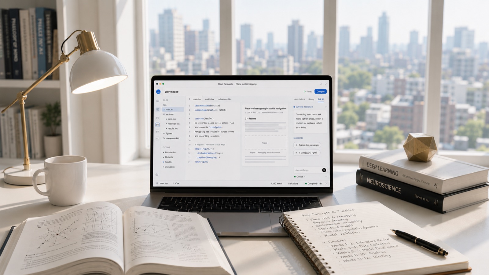 A bright researcher's desk by a window over a city skyline — Ravo open on the laptop beside an open textbook, a notebook, and stacked Deep Learning and Neuroscience books.